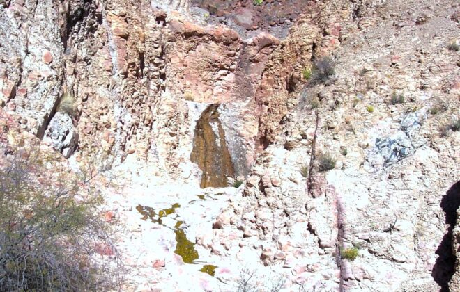 San Jacinto Spring trickling from a cliff face in the Big Bend National Park.